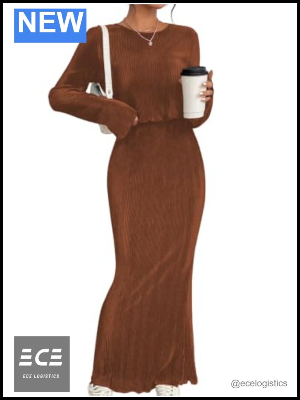 Two Piece Ribbed Long Sleeve Top & Maxi Skirt Set Casual Outfit